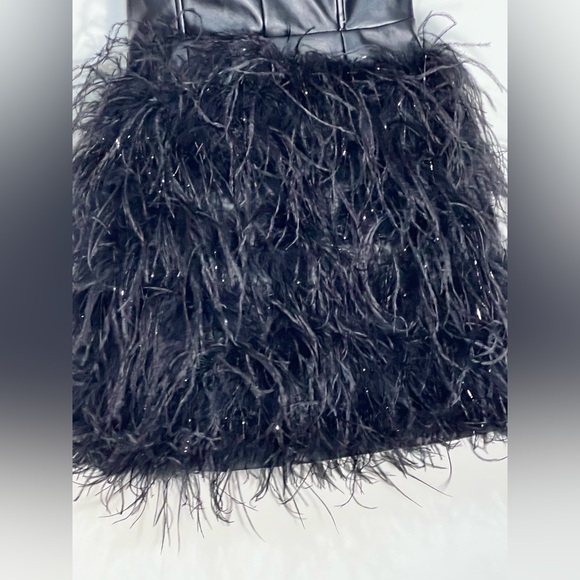 Akira Strapless Leather Like Feather Skirt Black Mini Dress NWT Size Small - Picture 2 of 11